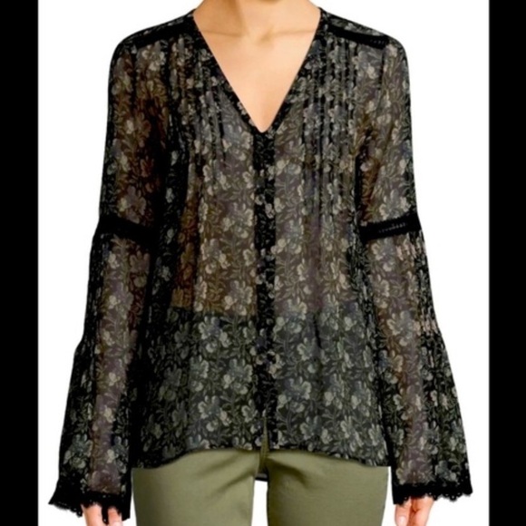 PAIGE Storm Cloud Floral Silk Clio V-Neck Button Down Blouse Size Medium - Picture 1 of 7